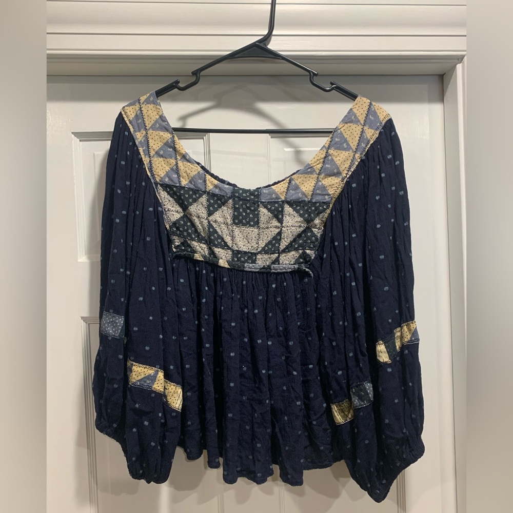 Free People Navy and Gold Patterned Top